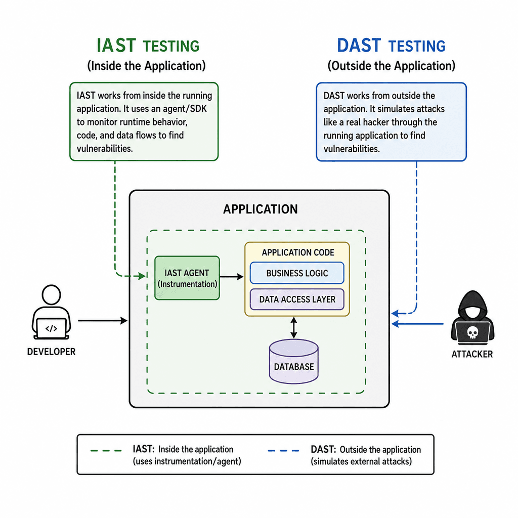 Diagram showing IAST testing from inside an application and DAST testing from outside