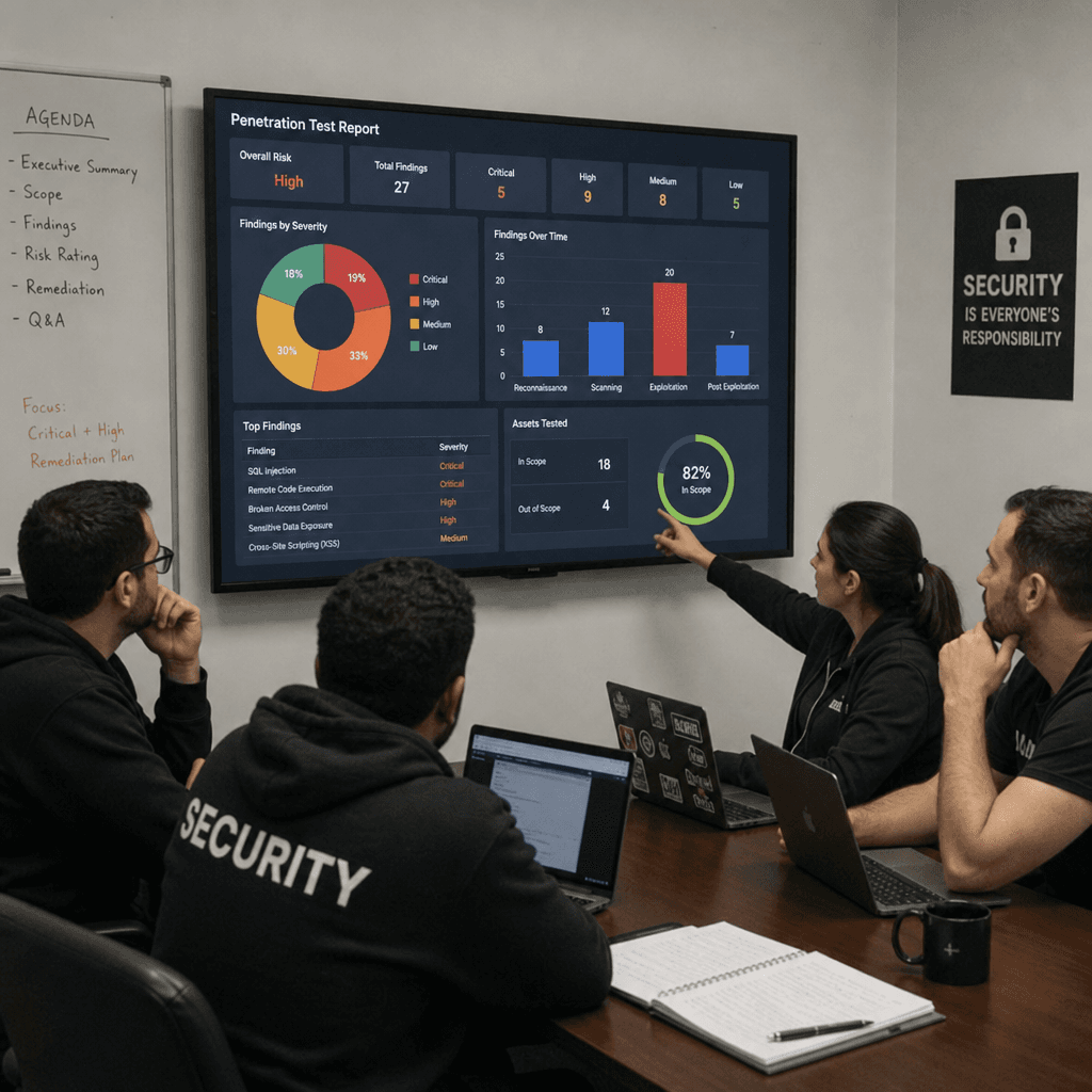 Security team reviewing penetration test findings on a dashboard