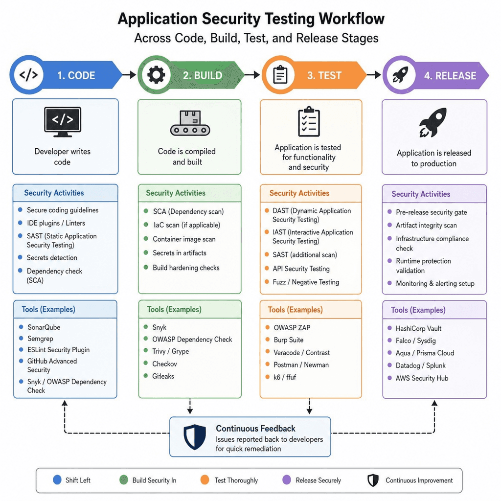 Application security testing workflow across code, build, test, and release stages